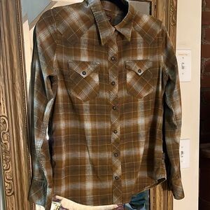 Patagonia tan plaid workwear western style snap shirt women’s M